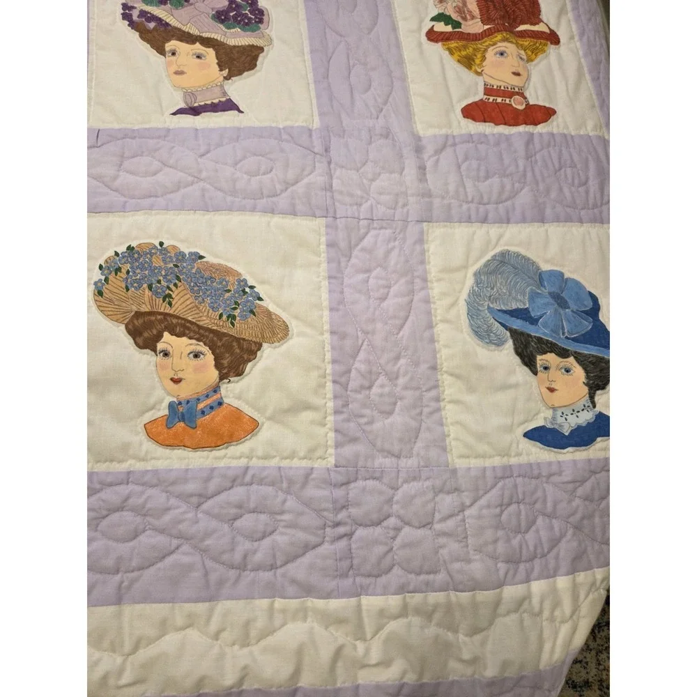 Vtg Quilt Victorian Ladies Applique Edwardian Whimsy Fashion Hats Millinery